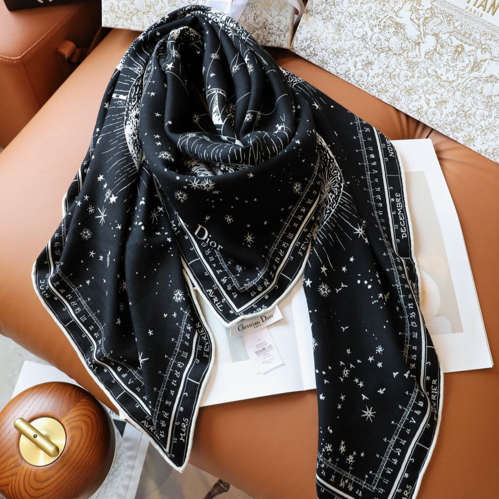 DIOR SQUARE SCARF 140 CM IN BLACK MIX WHITE MONOGRAM SILK 393136