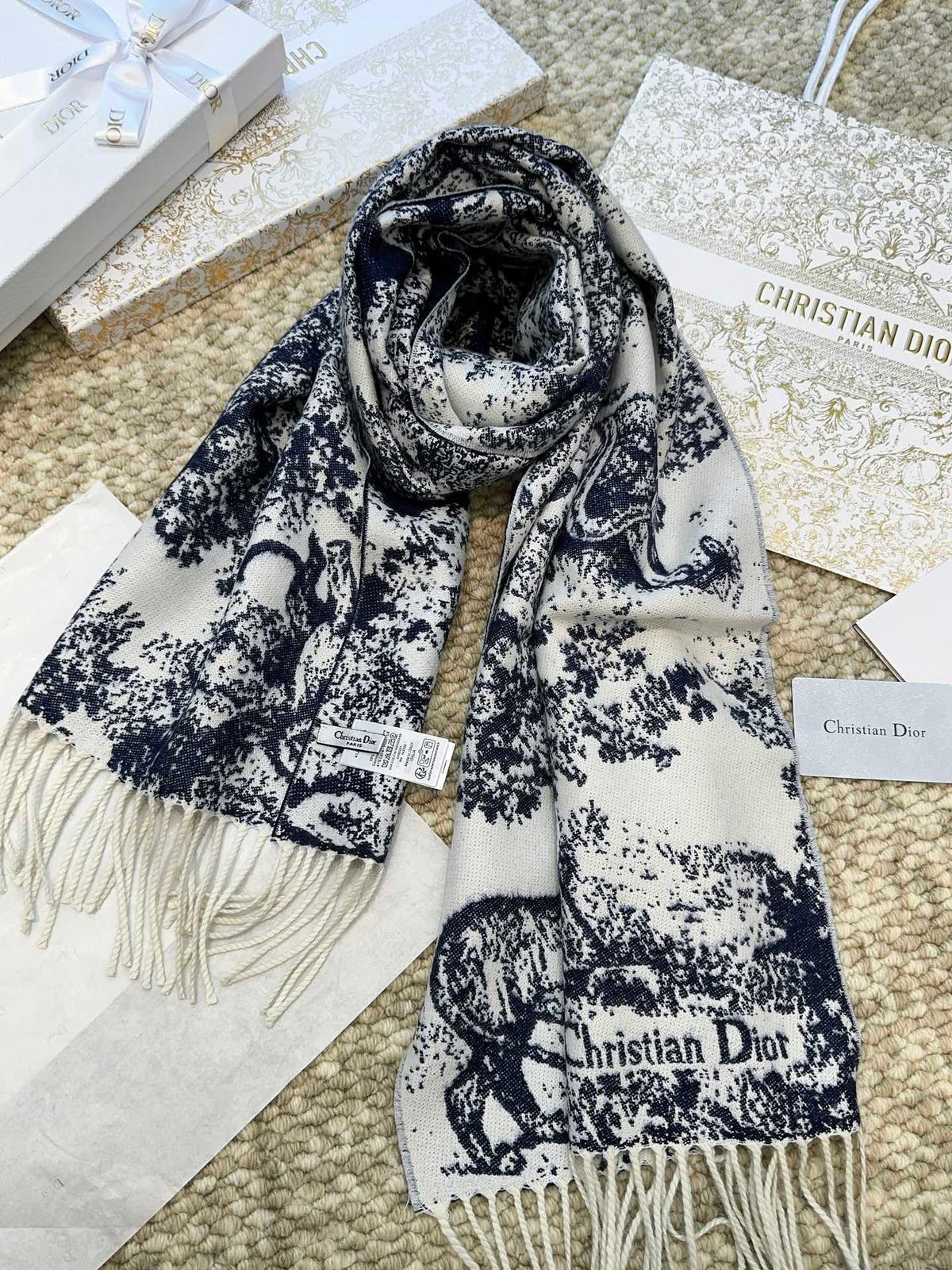 DIOR SCARF 220 CM IN NAVY BLUE MIX WHITE MONOGRAM CASHMERE AND WOOL 413656
