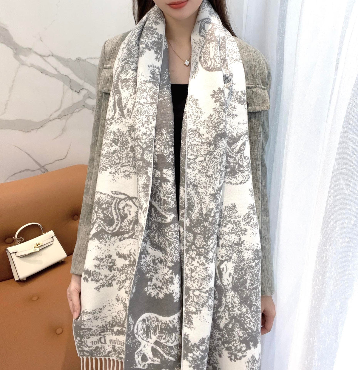 DIOR SCARF 220 CM IN WHITE MIX LIGHT GRAY MONOGRAM CASHMERE AND WOOL 413657