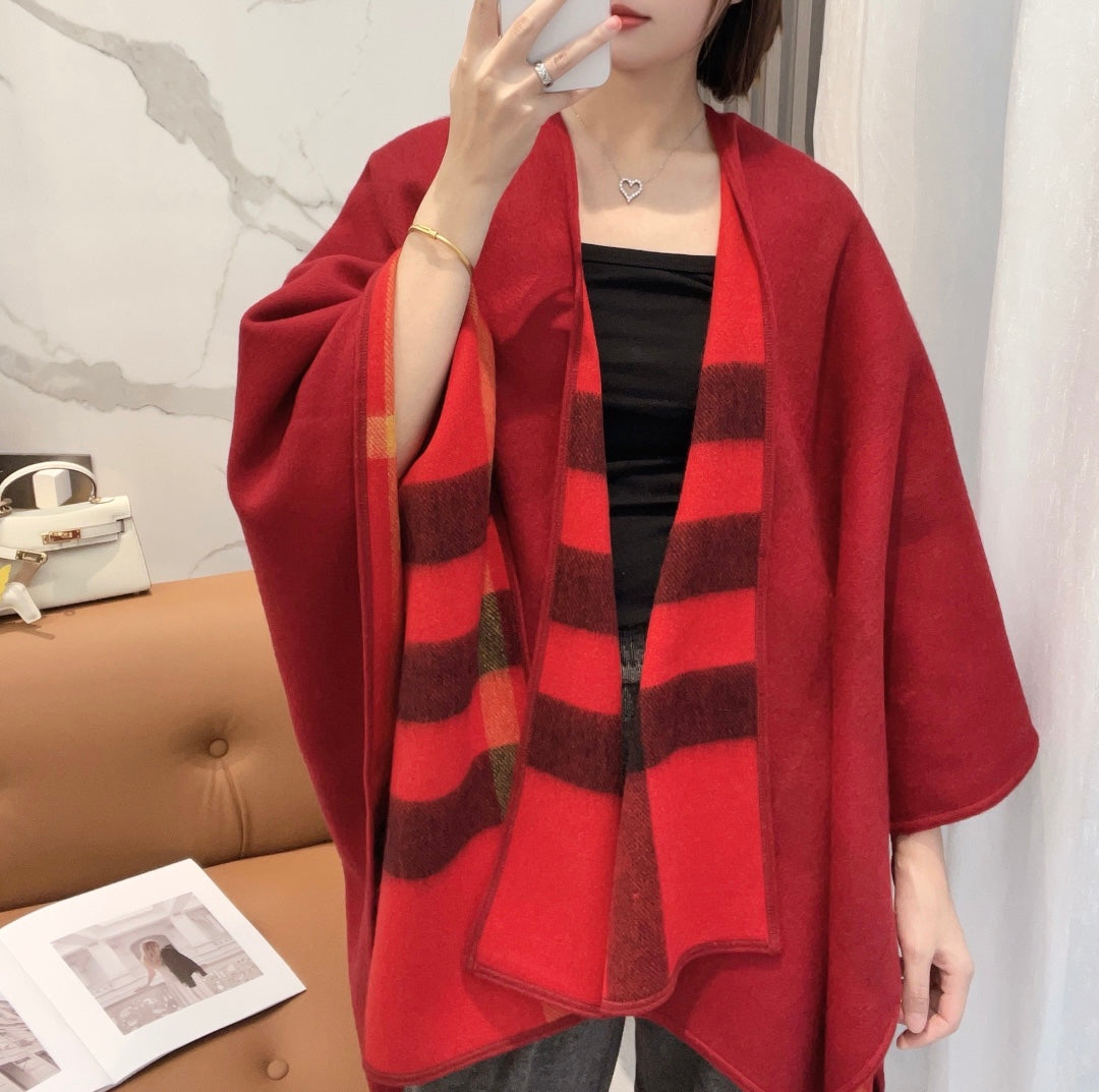 BURBERRY WOOL CAPE 140 CM CHERRY RED AND BLACK 394534