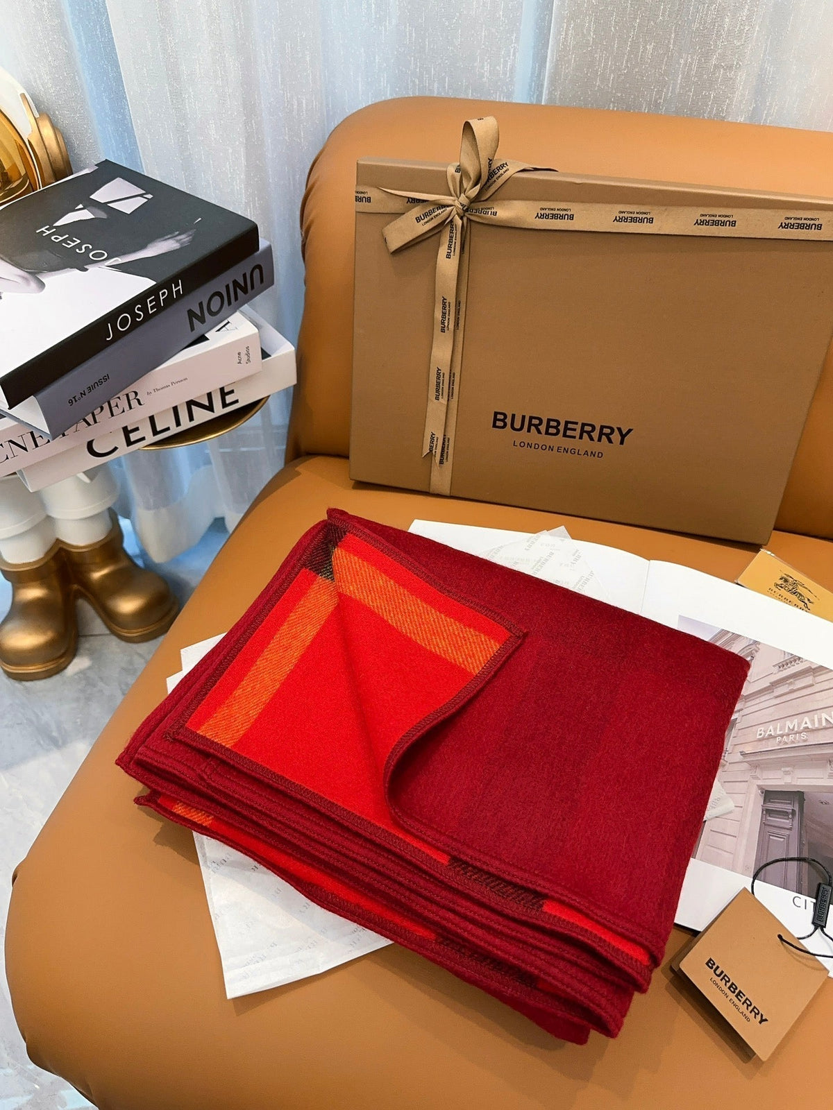 BURBERRY WOOL CAPE 140 CM CHERRY RED AND BLACK 394534