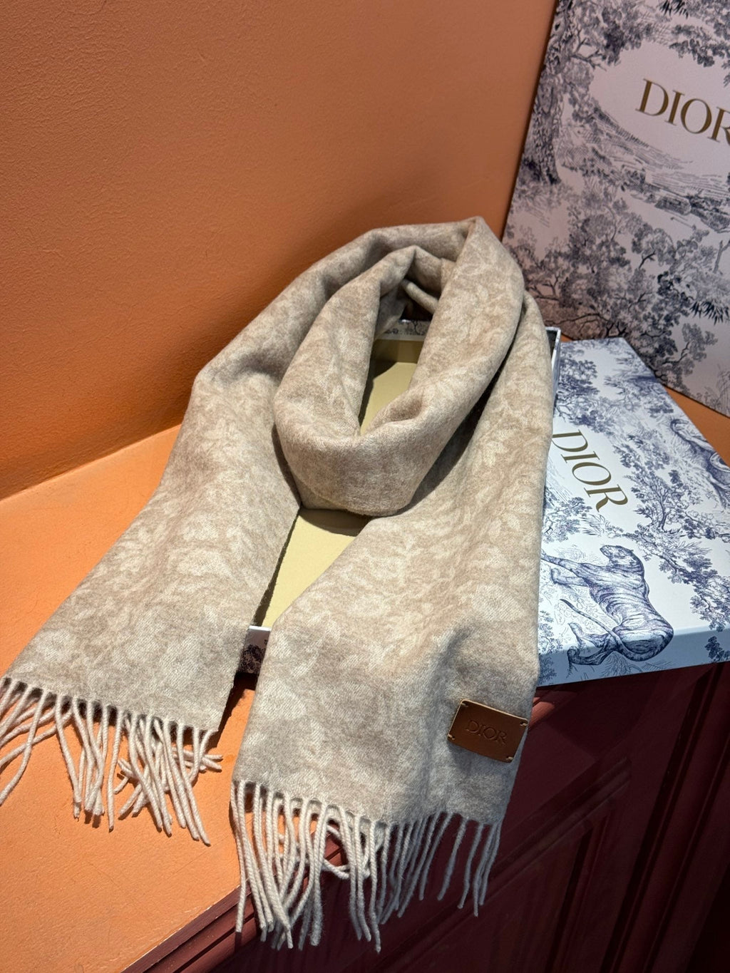 DIOR SCARF 180 CM IN ECRU TAN MONOGRAM CASHMERE 394644