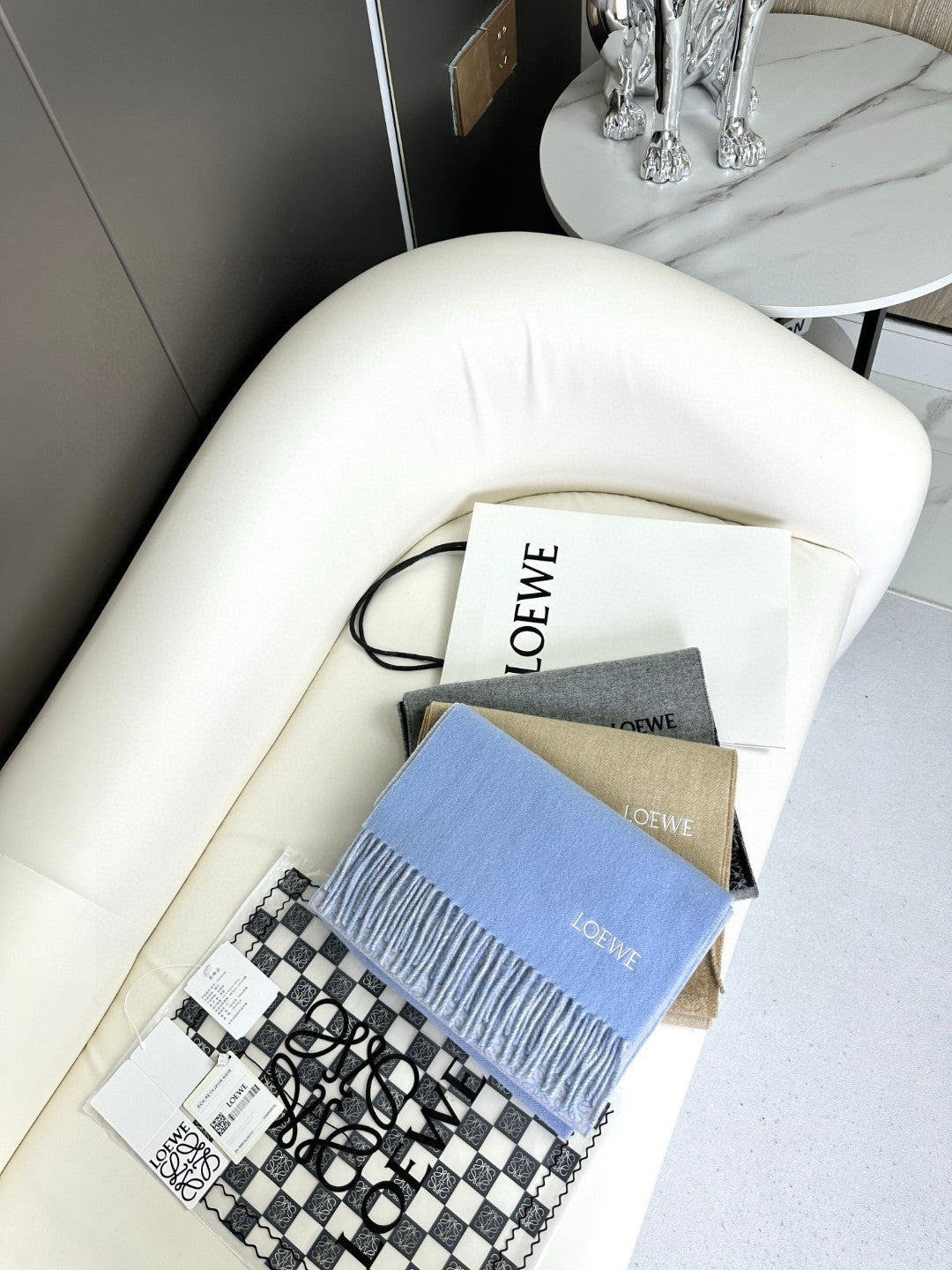 LOEWE ANAGRAM SCARF 182 CM IN SAND BEIGE WOOL AND CASHMERE 408525