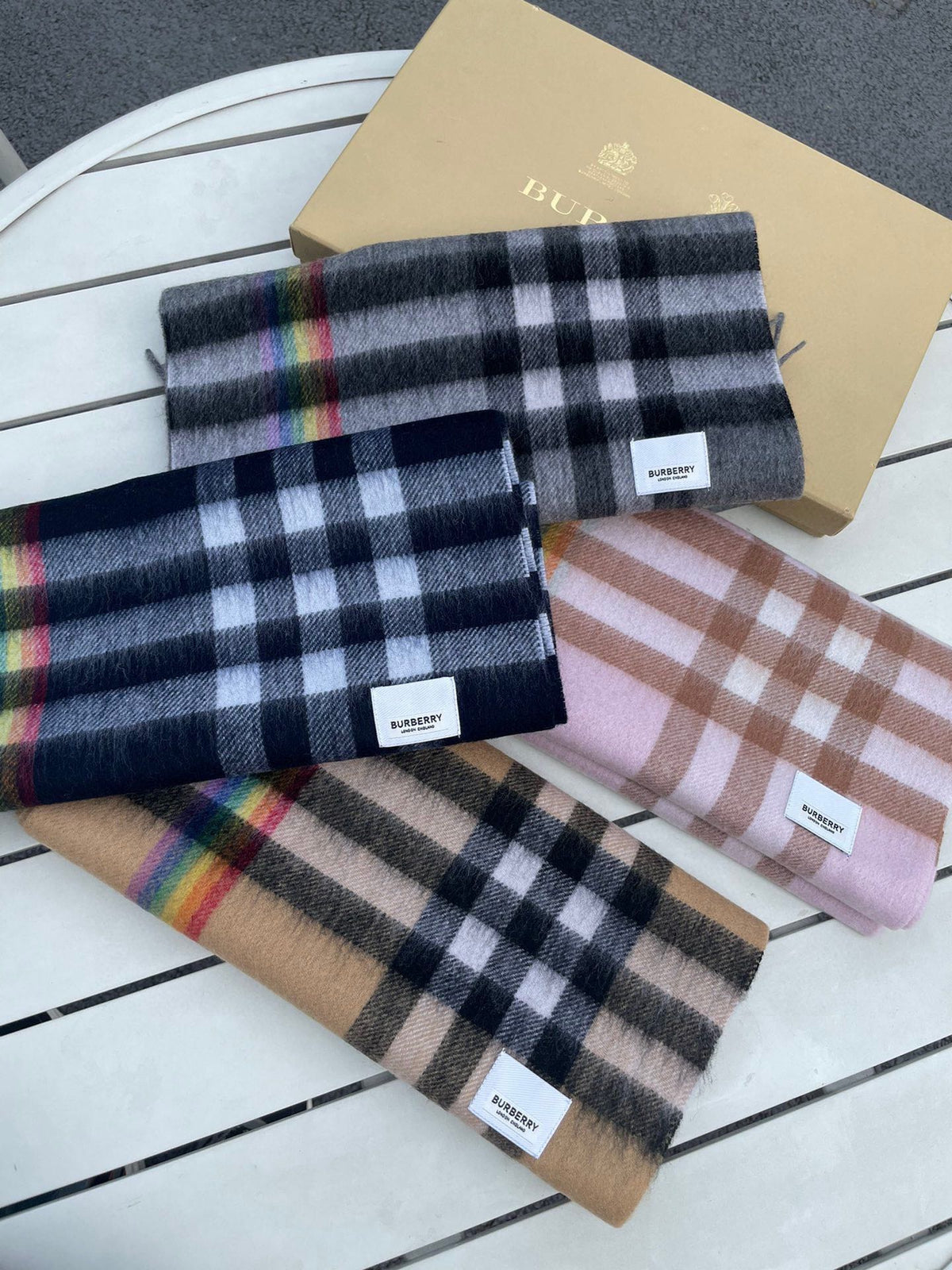 BURBERRY CHECK SCARF 200 CM IN LIGHT PINK MIX CAMEL BROWN CASHMERE 394750